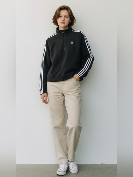 adidas Tops - adidas Black Fleece PrimeGreen Quarter-Zip Jacket with White Stripes Size Small